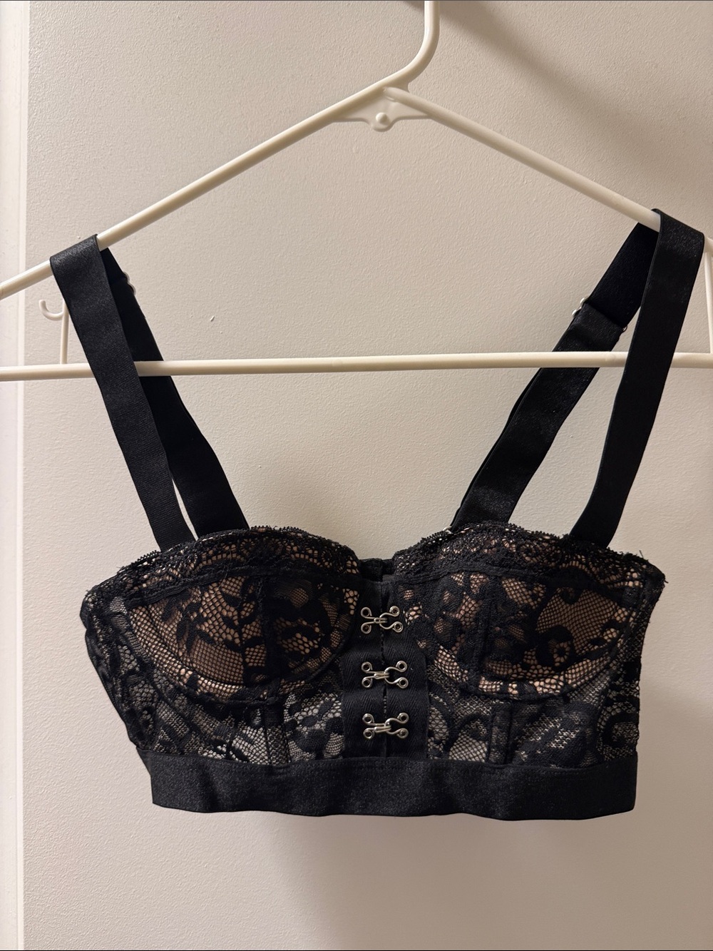 Black Lace Longline Bustier Bra with Hook Accents